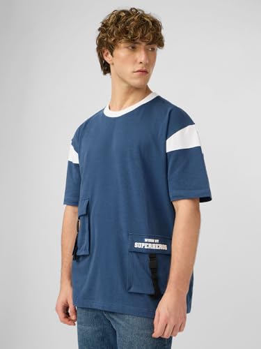 The Souled Store Utility T-Shirt: Pacific Men and Boys Short Sleeves Round Neck Blue Solid Cotton Oversized T-Shirts