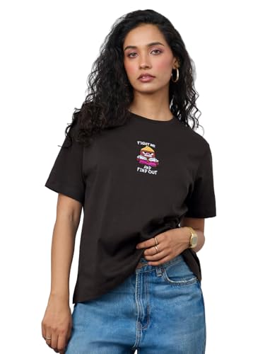 The Souled Store Inside Out: Fight Me Women and Girls Short Sleeves Round Neck Brown Embroidered Cotton Relaxed Fit T-Shirts