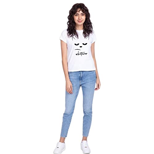 Bewakoof Womens Whatever Cat Graphic Print Cotton T-Shirt- Regular Fit, Round Neck, Half Sleeves 579866_White_2XL