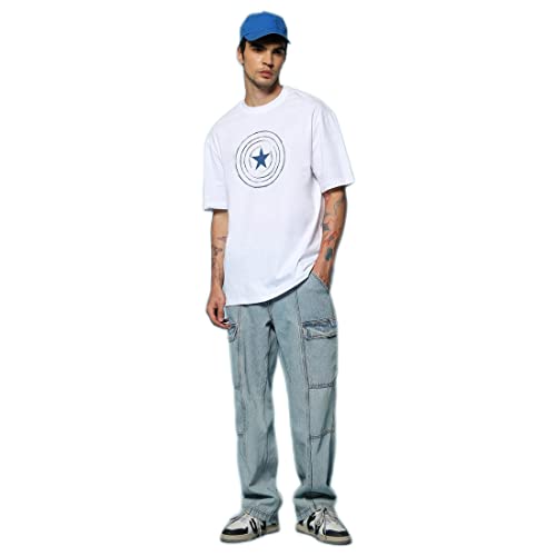 Bewakoof Mens Captains Shield (AVL) Graphic Print Cotton T-Shirt- Oversized Fit, Round Neck, Half Sleeves 582946_White_M