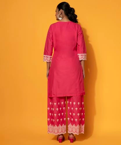 Libas WomenS Cotton Embroidered Co-Ords (27373_Pink