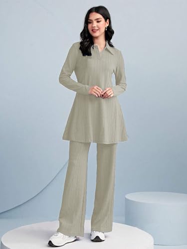 Tadkee WomenS Polyester Solid Color Two-Piece Set | Long Sleeve Top & Wide Leg Pants Co-Ord Set | Casual Wear Co Ord Set (Fn-Fu