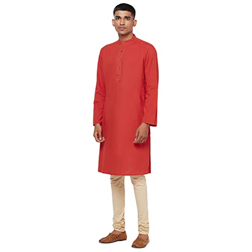 Fabindia MenS Cotton Embroidered Comfort Kurta_Rust_S