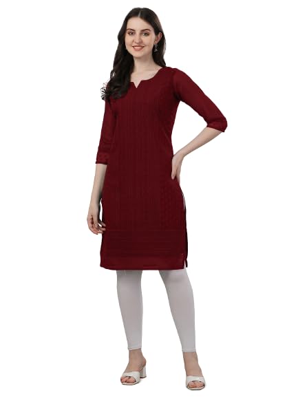 Fashion2wear Womens Georgette Chikankari Embroidered Notched Neck 3/4 Sleeve Knee Length Straight Kurta for Girls (Biba_Kurti_M