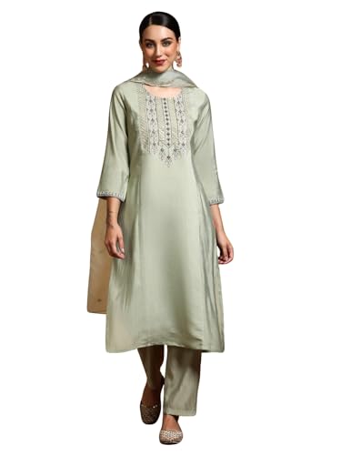 Varanga Women-Thread & Sequin Embroidered Yoke Kurta With Trouser & Scallop Dupatta