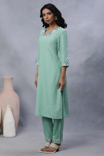W for Woman W Women Green Festive Floral Print Viscose Co-Ord Kurta Set & Straight Pant