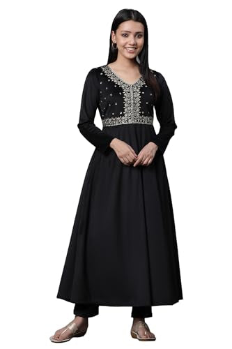 Aurelia Women'S Polyester A-Line Calf Length Dress (23Noa14740-606727_Jet Black