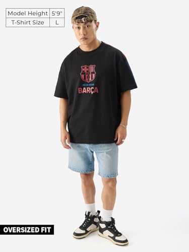 The Souled Store Official Fcb: Camp Nou Black Graphic Printed Oversized Cotton T-Shirt For Men & Boys- Short Sleeve Round Neck