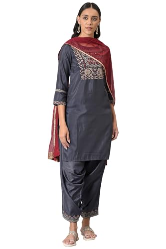 W for Woman Grey Solid Shantung Kurta With Salwar & Dupatta
