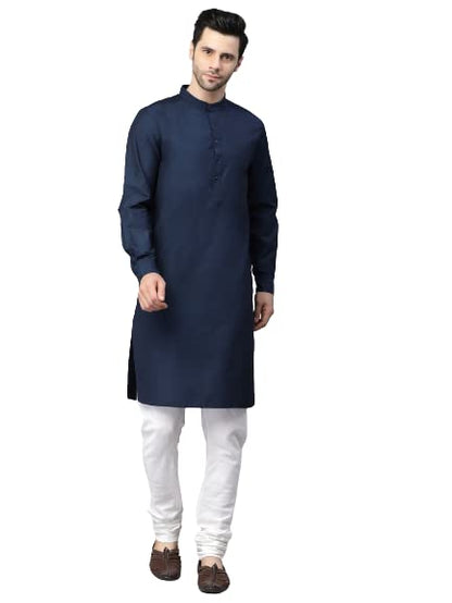 Solid Kurta with Mandarin Collar, Long, Regular Sleeves, Pathani Shape with Regular Style, Knee Length with Curved Hem. Pair it with White Churidar and tan mojri to Elevate The Look