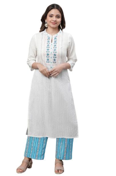 Aurelia WomenS White Thread Work Cotton Blend Straight Kurta And Palazzo Set (Size: M)-Vcstb2A-10081