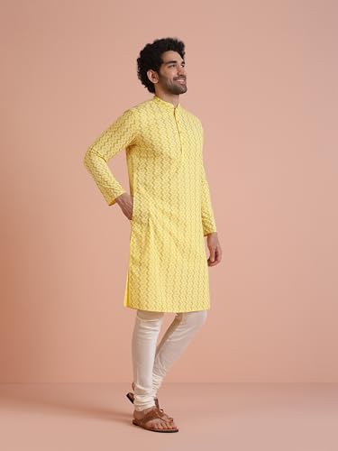 Kisah Men Yellow White Printed Straight Kurta Full Sleaves, Knee Length, Straight, Regular Fit, Mandarin Collar Ethnic Wear