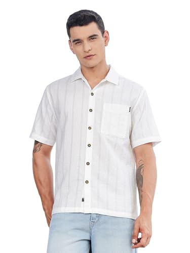 Thomas Scott Mens | Stripes | Seer Sucker Fabric | Spread Collar | Half Sleeve | Casual | Shirts for Men White