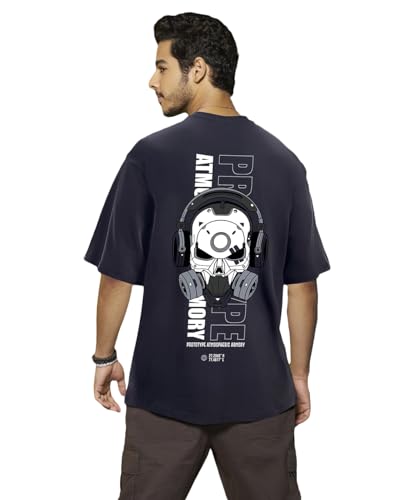 Bewakoof MenS Graphic Printed 100% Cotton T-Shirt - Oversized Fit, Round Neck, Half Sleeves Blue