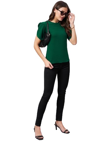 Style Quotient Women Solid Emerald Green Poly Knit Smart Casual Regular Top