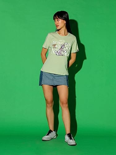 Bewakoof X Official Tom & Jerry Merchandise Womens Sundays We Do Nothing Graphic Printed Cotton T-Shirt - Regular Fit, Round Ne