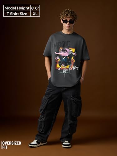 The Souled Store Disney: Mr.Big Men and Boys Short Sleeves Round Neck Grey Graphic Printed Cotton Oversized T-Shirts