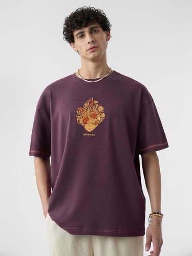 The Souled Store Nirvana Men And Boys Short Sleeves Round Neck Purple Embroidered Cotton Oversized T-Shirts