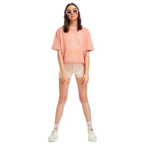 Bewakoof Womens One with The Universe Graphic Print Cotton T-Shirt- Oversized Fit, Round Neck, Half Sleeves 579027_Pink_M
