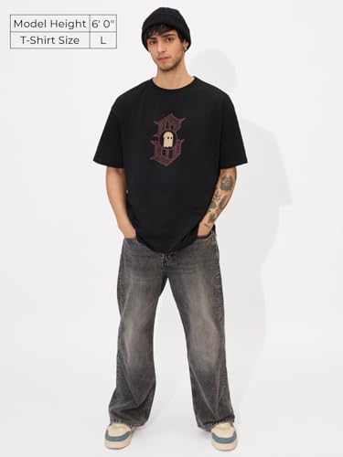 The Souled Store The King Oversized T-Shirt For Men Boys Cotton Casual Half Sleeves Baggy Loose Fit Drop Shoulder Round Neck Bla