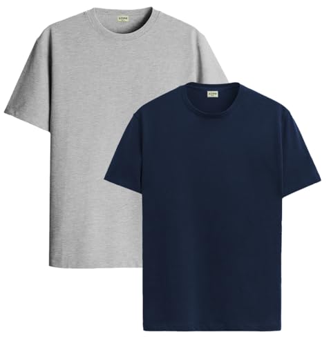 ADRO Men's Solid Regular Fit T-Shirt (RCM2-PLN-GR-NB_Grey,Navy