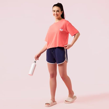 Enamor Womens Graphic Oversized Fit T-Shirt (E3G5_Coralpink Sunrise