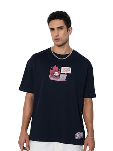 The Souled Store Original: Ghost Writer Men and Boys Short Sleeves Round Neck Navy Blue Graphic Printed Cotton Oversized T-Shirt