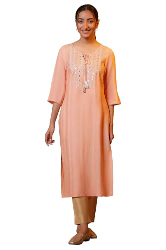 Aurelia Women? Solid Mirror Work Straight Kurta | Round Neck Kurta for Women | Solid Kurta for Women | Beautiful Regular Fit Kurta for Women