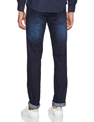 Campus Sutra Mens Classic Blue Dark-Washed Distressed Side Striped Regular Fit Denim Jeans | Mid-Rise Stretchable Cotton Denim J