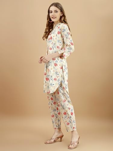 Womanista Women's Pure Cotton Floral Printed Tunic With Trouser Co-Ord Set (Co-Ords_9074)