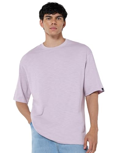 Bewakoof Air 1.0 Mens Solid Oversized Fit Half Sleeve Round Neck Cotton Slub T-Shirt_657438_Purple_M