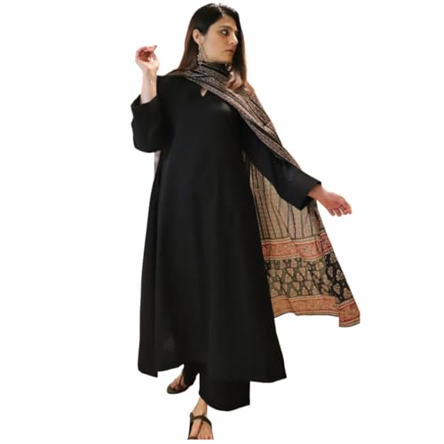 GoSriKi Womens Rayon Viscose Anarkali Solid Kurta with Pant & Dupatta (Avantika Black-GS_L_Black_Large)