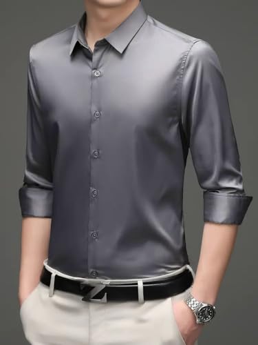 Indoprimo MenS Premium Solid Satin Casual Party Shirt Full Sleeve Darkgrey