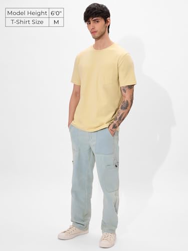 The Souled Store Solids: Seashell Cream Men and Boys Short Sleeves Round Neck Regular Fit Cotton T-Shirts