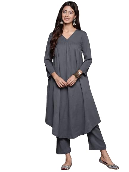 Varanga Women Plus Size Grey Empire Gathered Details A-Line Kurta Paired With Tonal Bottom