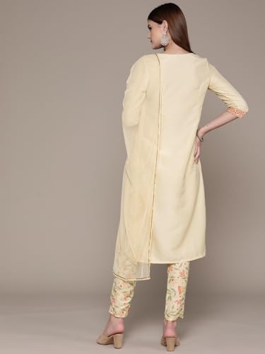 ZIYAA Women's Cream Chinon Kurta,Pant set with Dupatta (ZISKDCH4081-RL)