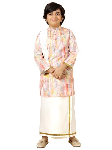 A.T.U.N. (All Things Uber Nice) Boys Peach Printed Kurta With Elasticated Mundu With Underneath Shorts Set