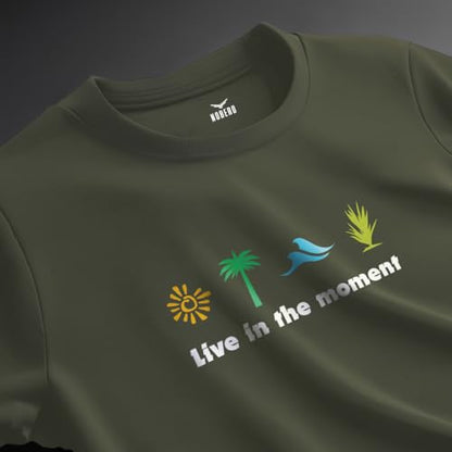Nobero MenS Graphic Print Regular Fit T-Shirt (1M-Twts-C1042-Ag_Live In Moment-Olive Green