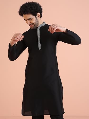 Kisah Men Black Kurta, Cotton, Full Sleaves, Knee Length, Straight, Regular Fit, Mandarin Collar Ethnic Wear-40