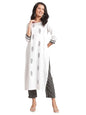 Varanga Women White And Black Floral Block Printed And Handwork Detailed Kurta Trouser Set.
