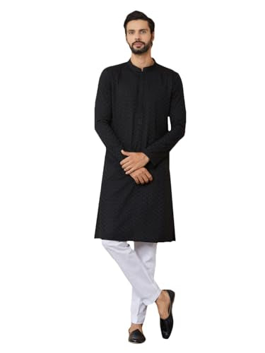 See Designs MenS Long Sleeve Mandarin Collar Side Slit Black Embroidered Chikankari Rayon Straight Kurta With Pyjama - Sdkt2565