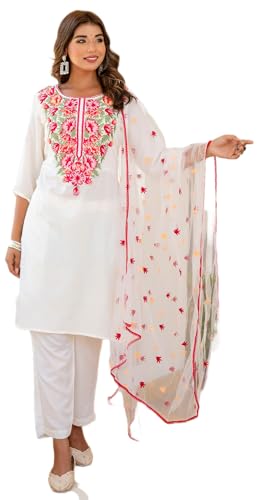 LookMark Women's Embroidered Cotton Blend Set: This Elegant Ensemble For Special & Casual Wear, Includes A Straight Kurta Pant With Dupatta