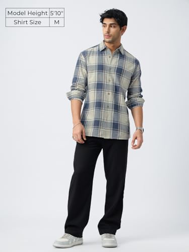 The Souled Store Cotton-Linen Shirts: Blue Topaz Men and Boys Long Sleeve Collared Neck Button Front Blue Plaid Regular Fit Cott