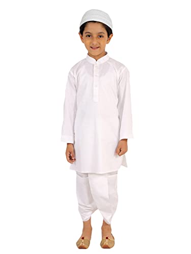Vastramay Boys White Kurta, Dhoti And Muslim Prayer Cap Set