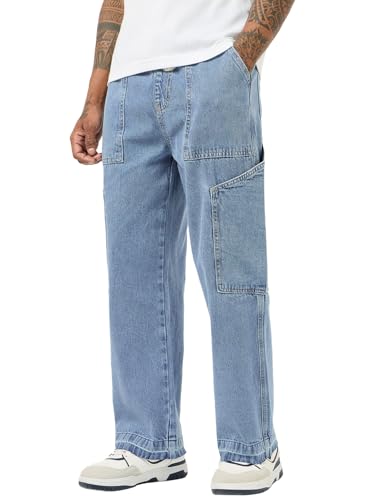 Bewakoof MenS Washed Straight Fit Pure Cotton Cargo Jeans_684691_Blue_38