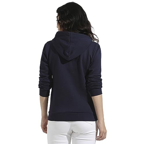 Campus Sutra Womens Navy Blue Pullover Hoodie with Kangaroo Pockets for Casual Wear | Hood Neck | Long Sleeve | Drawstring Clos