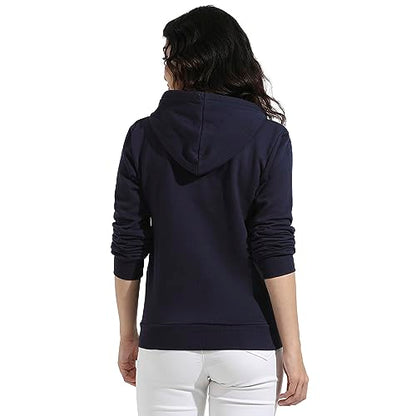 Campus Sutra Womens Navy Blue Pullover Hoodie with Kangaroo Pockets for Casual Wear | Hood Neck | Long Sleeve | Drawstring Clos