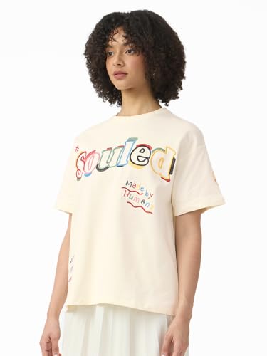 The Souled Store Souled Originals: Colour Blast Women and Girls Short Sleeves Round Neck Off White Embroidered Cotton Oversized