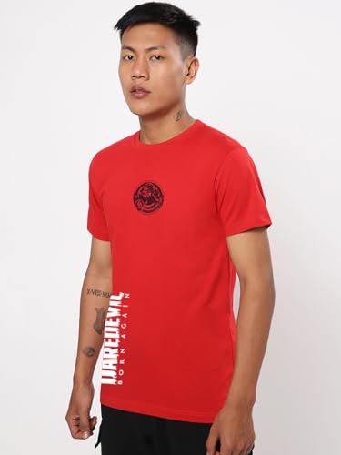 Bewakoof Official Marvel Merchandise Daredevil Mens Graphic Print Regular Fit Half Sleeve Round Neck Cotton T-Shirt_666432_Red_