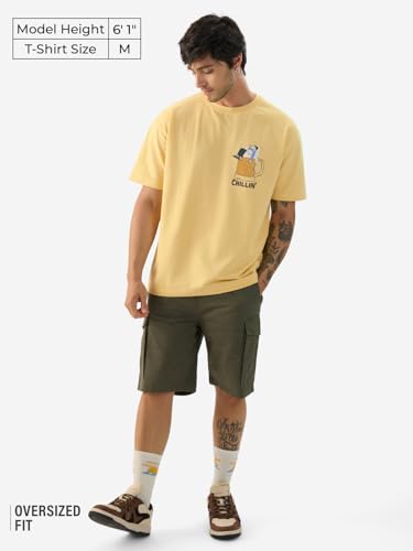 The Souled Store Explore The Unseen Men And Boys Short Sleeve Round Neck Green Embroided Cotton Oversized T-Shirts